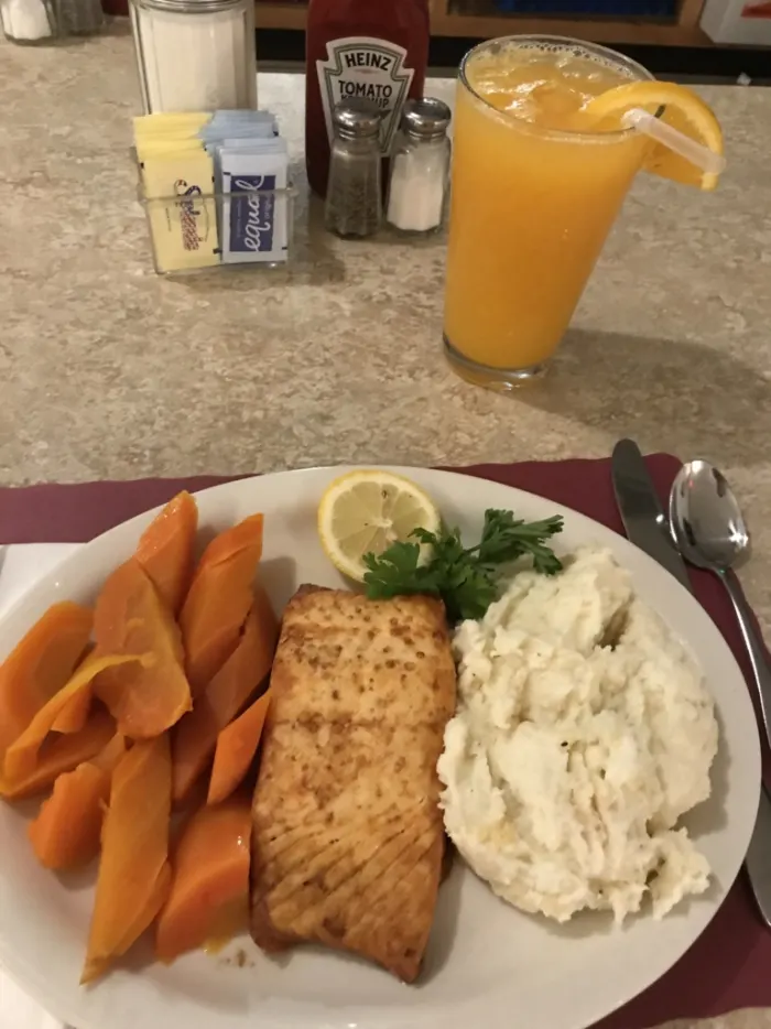 Salmon with sweet potato and mashed potatoes
