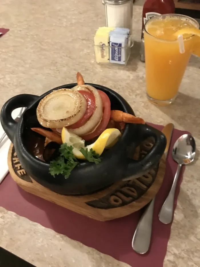 Seafood dish in a cast iron pot
